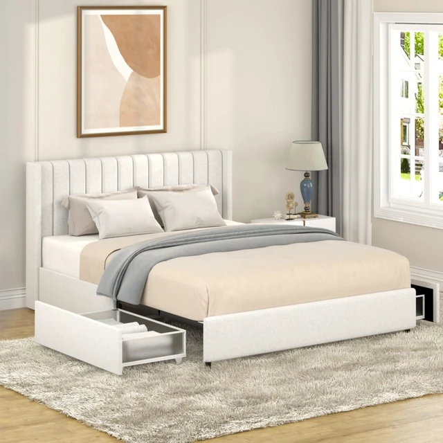 Alt view image 4 of 7 - Hassyee Queen Size Boucle Upholstered Platform Bed with Tufted Headboard, Panel Bedframe Mattress Base with 2-Drawers and Wooden Slat Support for Master Bedroom Guest Room Apartment