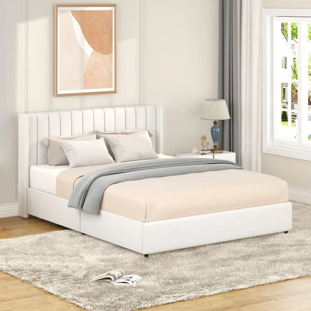 Alt view image 5 of 7 - Hassyee Queen Size Boucle Upholstered Platform Bed with Tufted Headboard, Panel Bedframe Mattress Base with 2-Drawers and Wooden Slat Support for Master Bedroom Guest Room Apartment