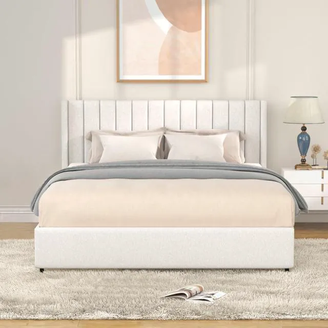 Alt view image 3 of 7 - Hassyee Queen Size Boucle Upholstered Platform Bed with Tufted Headboard, Panel Bedframe Mattress Base with 2-Drawers and Wooden Slat Support for Master Bedroom Guest Room Apartment