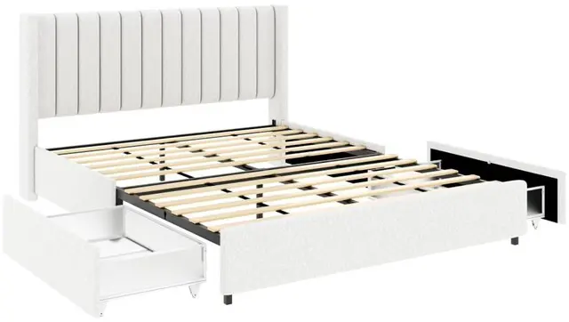 Alt view image 6 of 7 - Hassyee Queen Size Boucle Upholstered Platform Bed with Tufted Headboard, Panel Bedframe Mattress Base with 2-Drawers and Wooden Slat Support for Master Bedroom Guest Room Apartment