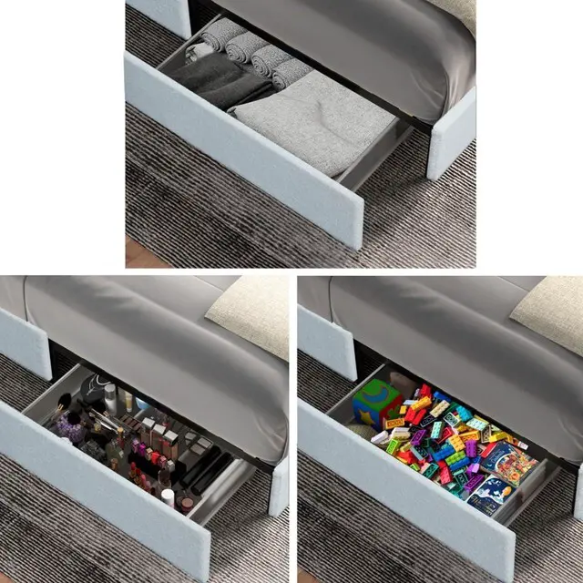 Alt view image 7 of 7 - Hassyee Queen Size Boucle Upholstered Platform Bed with Tufted Headboard, Panel Bedframe Mattress Base with 2-Drawers and Wooden Slat Support for Master Bedroom Guest Room Apartment
