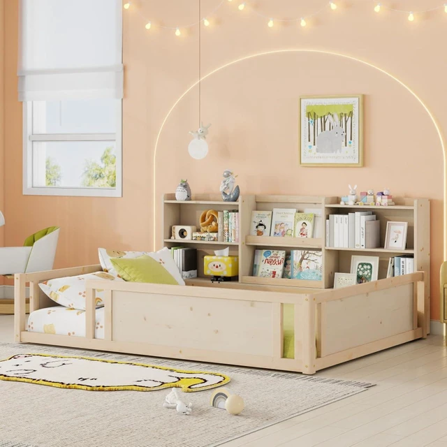 Alt view image 4 of 7 - Hassyee Twin/Full Size Wooden Floor Bed with Guardrail Fence and Side Storage Shelves, Montessori Bed with Bookcase for Boys Girls Bedroom Guest Playroom, Space-Saving (Full+Natural)