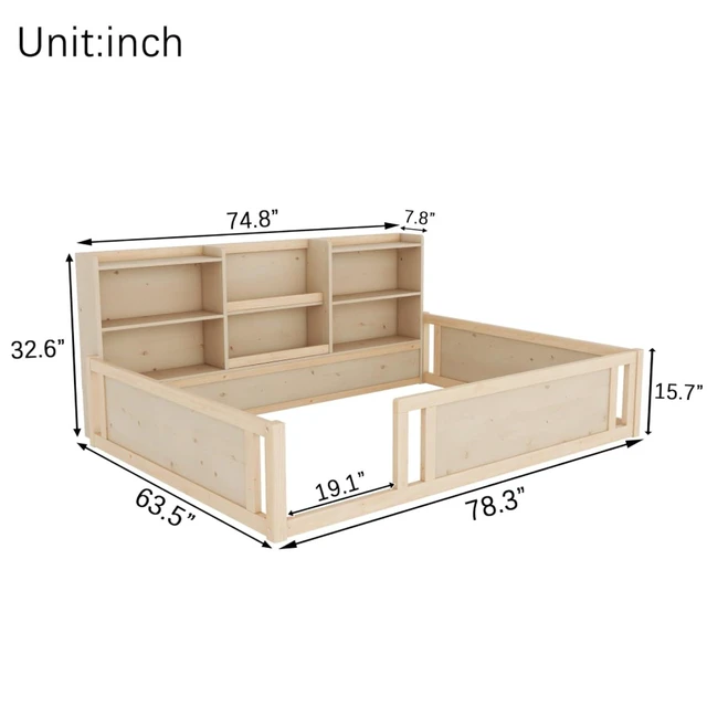 Alt view image 2 of 7 - Hassyee Twin/Full Size Wooden Floor Bed with Guardrail Fence and Side Storage Shelves, Montessori Bed with Bookcase for Boys Girls Bedroom Guest Playroom, Space-Saving (Full+Natural)
