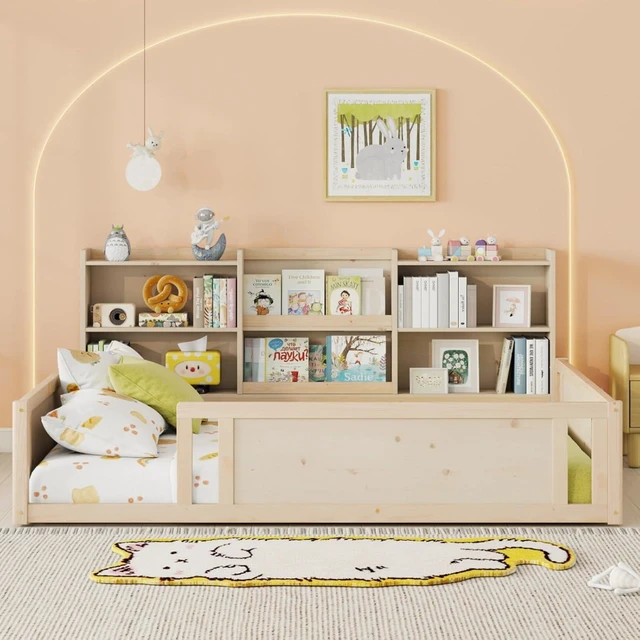 Alt view image 3 of 7 - Hassyee Twin/Full Size Wooden Floor Bed with Guardrail Fence and Side Storage Shelves, Montessori Bed with Bookcase for Boys Girls Bedroom Guest Playroom, Space-Saving (Full+Natural)