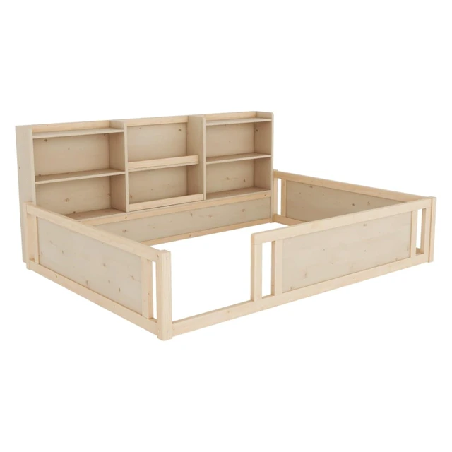 Alt view image 5 of 7 - Hassyee Twin/Full Size Wooden Floor Bed with Guardrail Fence and Side Storage Shelves, Montessori Bed with Bookcase for Boys Girls Bedroom Guest Playroom, Space-Saving (Full+Natural)