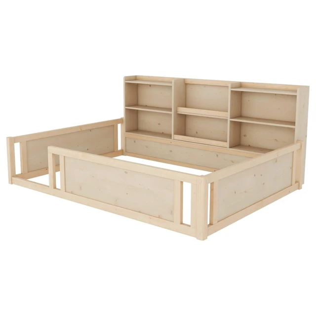Alt view image 6 of 7 - Hassyee Twin/Full Size Wooden Floor Bed with Guardrail Fence and Side Storage Shelves, Montessori Bed with Bookcase for Boys Girls Bedroom Guest Playroom, Space-Saving (Full+Natural)