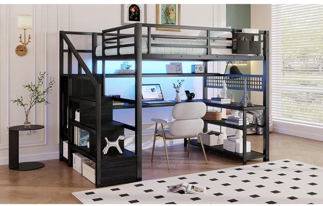 Alt view image 7 of 7 - Full Size Loft Bed with Staircase and Wardrobe, Metal Dorm Bed with Desk, Storage Shelves, LED Lights and Charge Station, Corner Beds with Guardrail for Boys Girls Bedroom Guest Playroom (Black Full)
