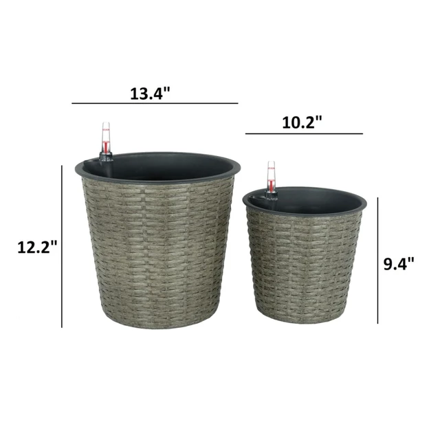 Alt view image 4 of 7 - Hassyee 2 Pieces Wicker Planters Set with Self-Watering System and Lightweight Structure for Growing Flowers, Plants, Outdoor Plastic Flower Pots with Different Sizes for Lawn, Garden