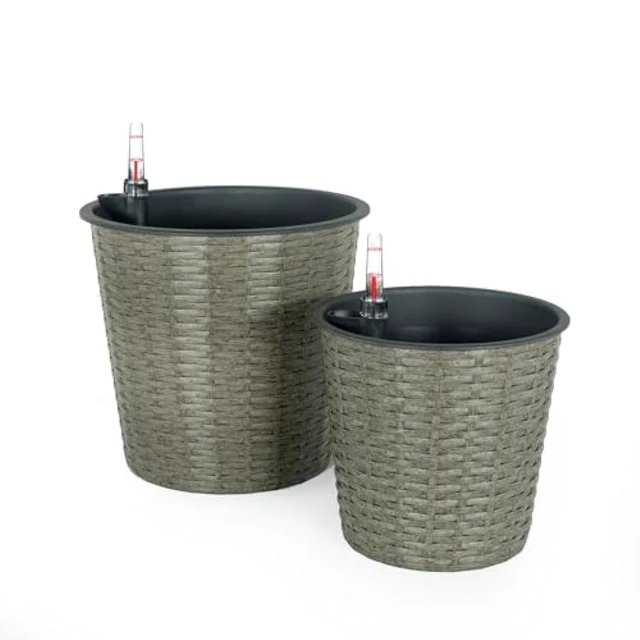 Alt view image 6 of 7 - Hassyee 2 Pieces Wicker Planters Set with Self-Watering System and Lightweight Structure for Growing Flowers, Plants, Outdoor Plastic Flower Pots with Different Sizes for Lawn, Garden