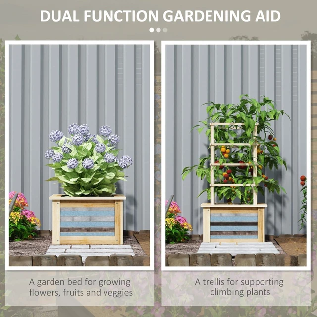 Main image of Hassyee Galvanized Planter Box with Trellis and Wooden Frame for Growing Vegetables, Plants, Outdoor Raised Garden Bed with Metal Box and Open Bottom Design for Park, Lawn, Backyard (Brown)