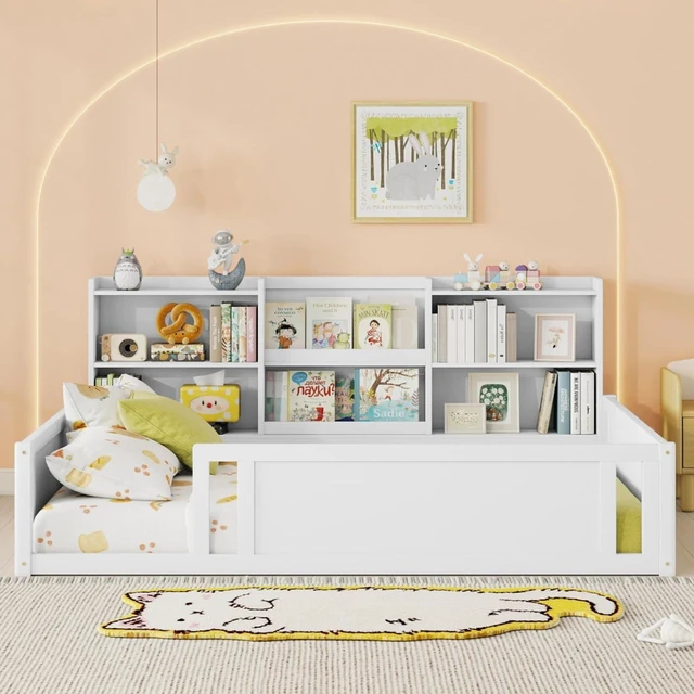 Alt view image 2 of 7 - Hassyee Twin/Full Size Wooden Floor Bed with Safety Guardrail and Bookcase, Montessori Bed with Side Storage Shelves for Boys Girls Bedroom Guest Playroom, No Box Spring Needed (Full+White)