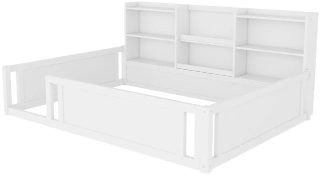 Alt view image 4 of 7 - Hassyee Twin/Full Size Wooden Floor Bed with Safety Guardrail and Bookcase, Montessori Bed with Side Storage Shelves for Boys Girls Bedroom Guest Playroom, No Box Spring Needed (Full+White)