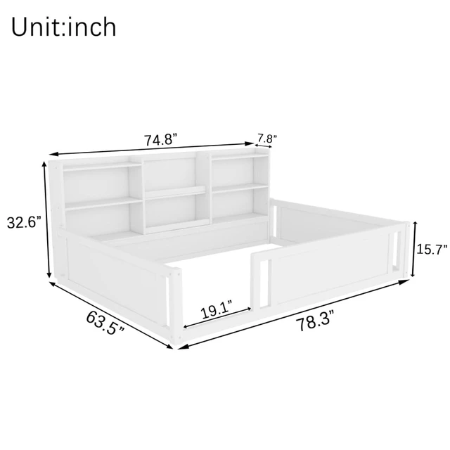 Alt view image 2 of 7 - Hassyee Twin/Full Size Wooden Floor Bed with Guardrail Fence and Side Storage Shelves, Montessori Bed with Bookcase for Boys Girls Bedroom Guest Playroom, Space-Saving (Full+White)
