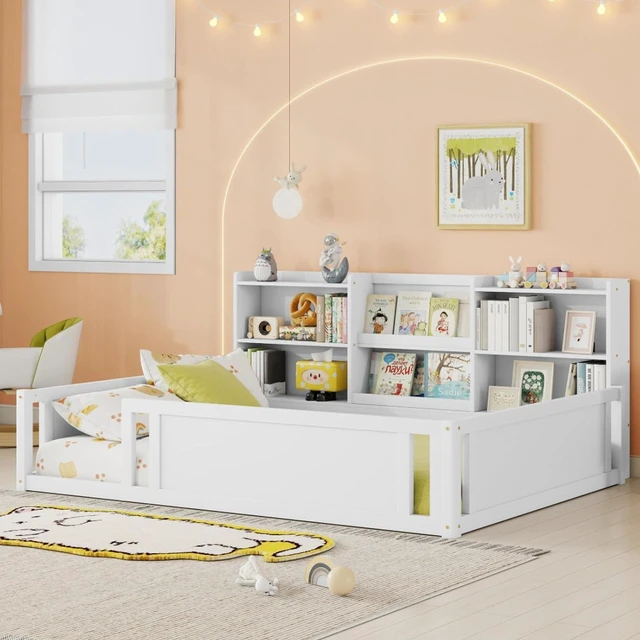Alt view image 3 of 7 - Hassyee Twin/Full Size Wooden Floor Bed with Safety Guardrail and Bookcase, Montessori Bed with Side Storage Shelves for Boys Girls Bedroom Guest Playroom, No Box Spring Needed (Full+White)