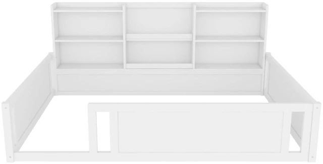 Alt view image 5 of 7 - Hassyee Twin/Full Size Wooden Floor Bed with Safety Guardrail and Bookcase, Montessori Bed with Side Storage Shelves for Boys Girls Bedroom Guest Playroom, No Box Spring Needed (Full+White)