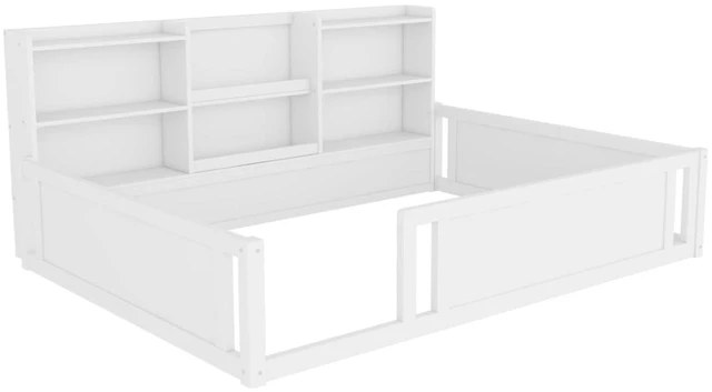 Alt view image 6 of 7 - Hassyee Twin/Full Size Wooden Floor Bed with Safety Guardrail and Bookcase, Montessori Bed with Side Storage Shelves for Boys Girls Bedroom Guest Playroom, No Box Spring Needed (Full+White)