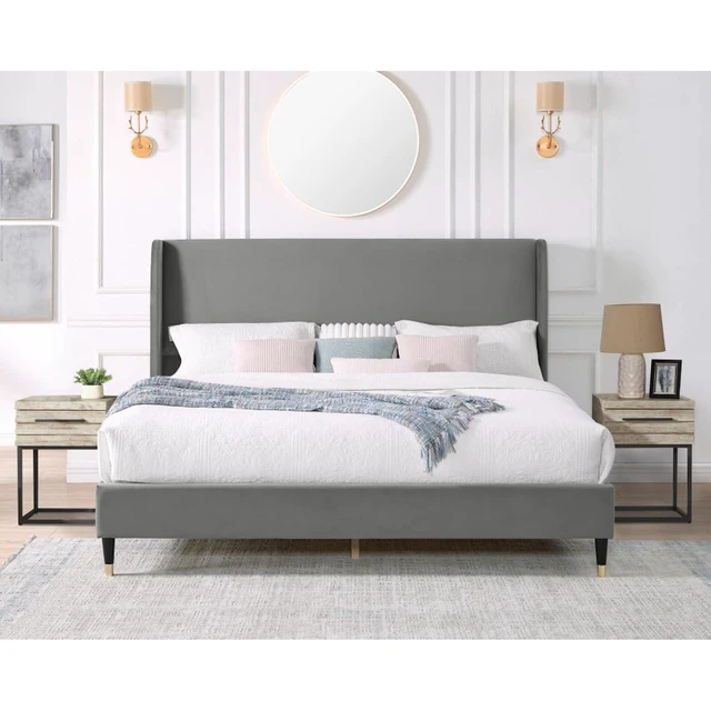Alt view image 3 of 6 - King/Queen Size Velvet Platform Bed Frame w/Upholstered Wingback Headboard,Panel Bedframe Mattress Base w/Wooden Slat Support for Master Bedroom Guest Room, No Box Spring Needed (Gray Velvet Queen)