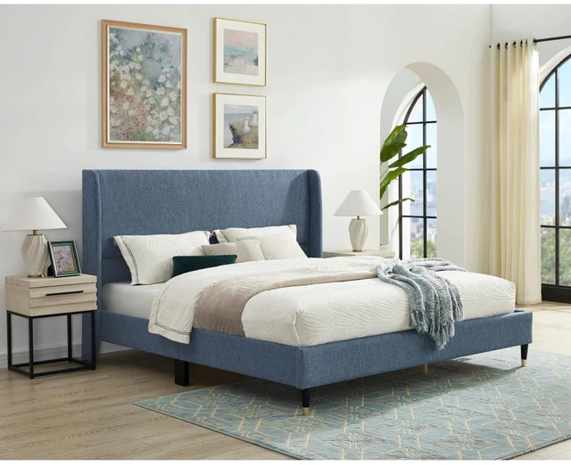 Main image of King/Queen Size Velvet Platform Bed Frame w/Upholstered Wingback Headboard,Panel Bedframe Mattress Base w/Wooden Slat Support for Master Bedroom Guest Room, No Box Spring Needed (Blue Polyester Queen)