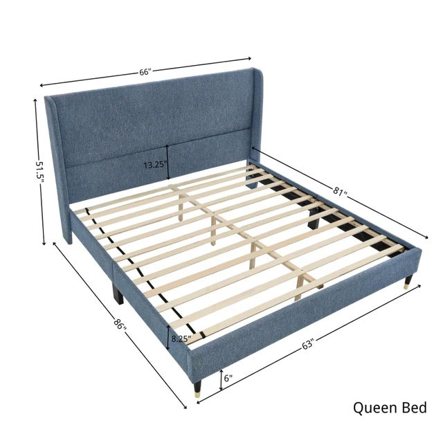 Alt view image 2 of 6 - King/Queen Size Velvet Platform Bed Frame w/Upholstered Wingback Headboard,Panel Bedframe Mattress Base w/Wooden Slat Support for Master Bedroom Guest Room, No Box Spring Needed (Blue Polyester Queen)