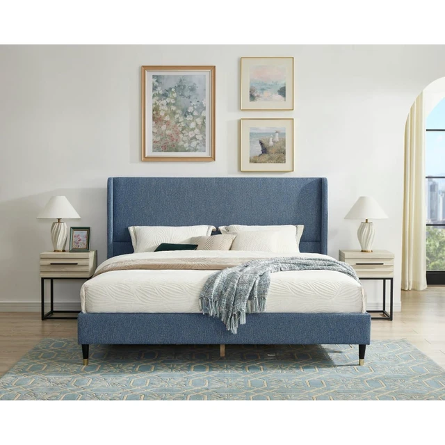 Alt view image 3 of 6 - King/Queen Size Velvet Platform Bed Frame w/Upholstered Wingback Headboard,Panel Bedframe Mattress Base w/Wooden Slat Support for Master Bedroom Guest Room, No Box Spring Needed (Blue Polyester Queen)