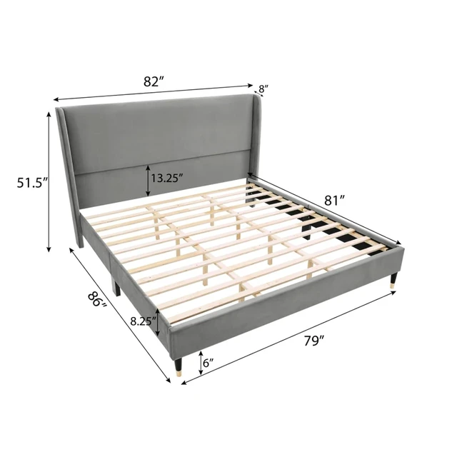 Alt view image 2 of 6 - King/Queen Size Velvet Platform Bed Frame w/Upholstered Wingback Headboard,Panel Bedframe Mattress Base w/Wooden Slat Support for Master Bedroom Guest Room, No Box Spring Needed (Gray Velvet King)