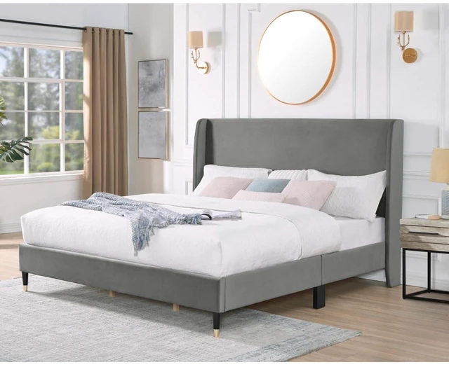 Main image of King/Queen Size Velvet Platform Bed Frame w/Upholstered Wingback Headboard,Panel Bedframe Mattress Base w/Wooden Slat Support for Master Bedroom Guest Room, No Box Spring Needed (Gray Velvet King)