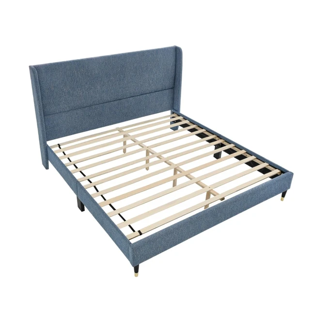 Alt view image 6 of 6 - King/Queen Size Velvet Platform Bed Frame w/Upholstered Wingback Headboard,Panel Bedframe Mattress Base w/Wooden Slat Support for Master Bedroom Guest Room, No Box Spring Needed (Blue Polyester Queen)