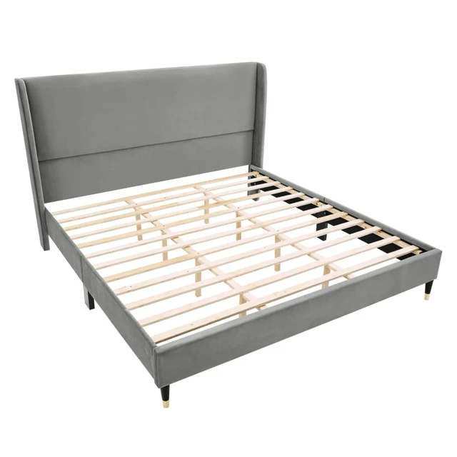 Alt view image 4 of 6 - King/Queen Size Velvet Platform Bed Frame w/Upholstered Wingback Headboard,Panel Bedframe Mattress Base w/Wooden Slat Support for Master Bedroom Guest Room, No Box Spring Needed (Gray Velvet King)