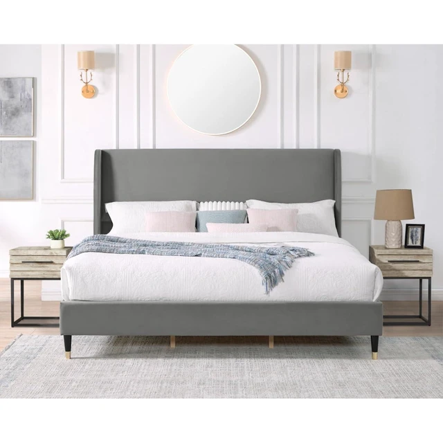 Alt view image 3 of 6 - King/Queen Size Velvet Platform Bed Frame w/Upholstered Wingback Headboard,Panel Bedframe Mattress Base w/Wooden Slat Support for Master Bedroom Guest Room, No Box Spring Needed (Gray Velvet King)