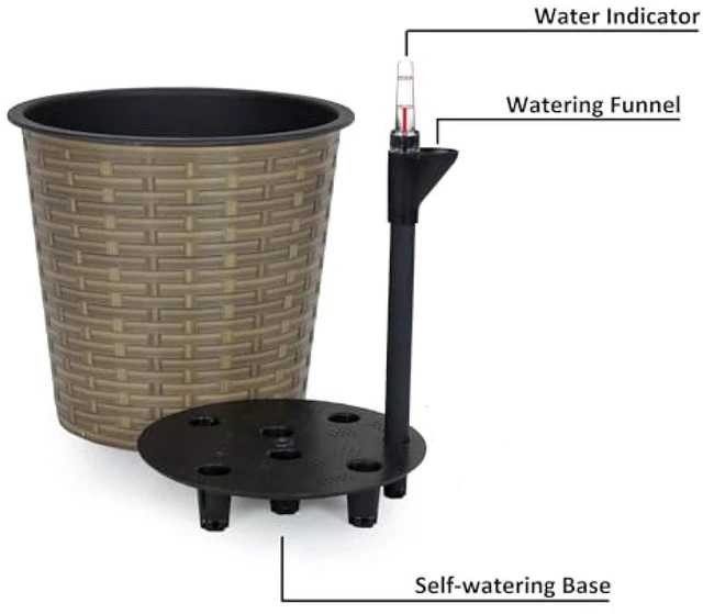 Alt view image 4 of 7 - Hassyee Wicker Decor Planter with Self-Watering System and Lightweight Structure for Backyard, Lawn, Outdoor Flower Pot with Bottom Plug for Growing Flowers, Plants