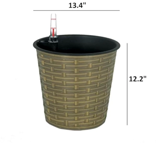 Alt view image 5 of 7 - Hassyee Wicker Decor Planter with Self-Watering System and Lightweight Structure for Backyard, Lawn, Outdoor Flower Pot with Bottom Plug for Growing Flowers, Plants