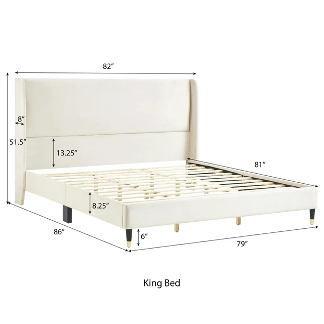 Alt view image 2 of 6 - King/Queen Size Velvet Platform Bed Frame w/Upholstered Wingback Headboard,Panel Bedframe Mattress Base w/Wooden Slat Support for Master Bedroom Guest Room, No Box Spring Needed (Beige Velvet King)