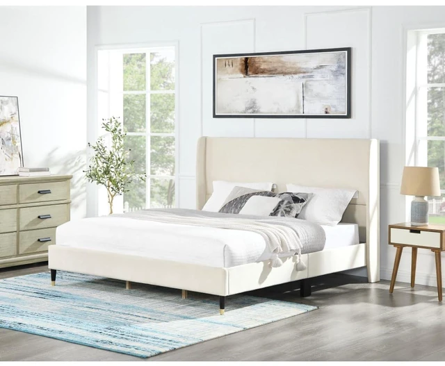 Main image of King/Queen Size Velvet Platform Bed Frame w/Upholstered Wingback Headboard,Panel Bedframe Mattress Base w/Wooden Slat Support for Master Bedroom Guest Room, No Box Spring Needed (Beige Velvet King)