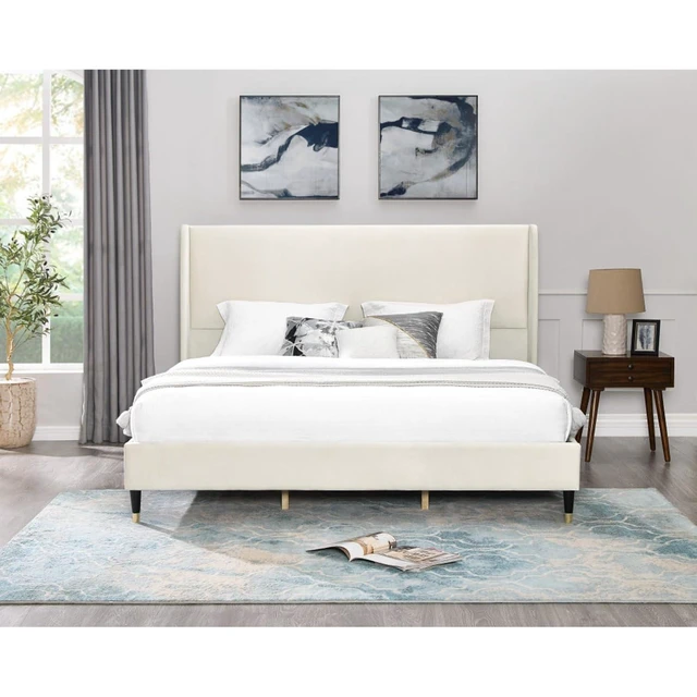 Alt view image 3 of 6 - King/Queen Size Velvet Platform Bed Frame w/Upholstered Wingback Headboard,Panel Bedframe Mattress Base w/Wooden Slat Support for Master Bedroom Guest Room, No Box Spring Needed (Beige Velvet King)
