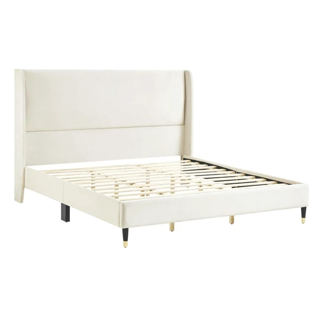 Alt view image 6 of 6 - King/Queen Size Velvet Platform Bed Frame w/Upholstered Wingback Headboard,Panel Bedframe Mattress Base w/Wooden Slat Support for Master Bedroom Guest Room, No Box Spring Needed (Beige Velvet King)