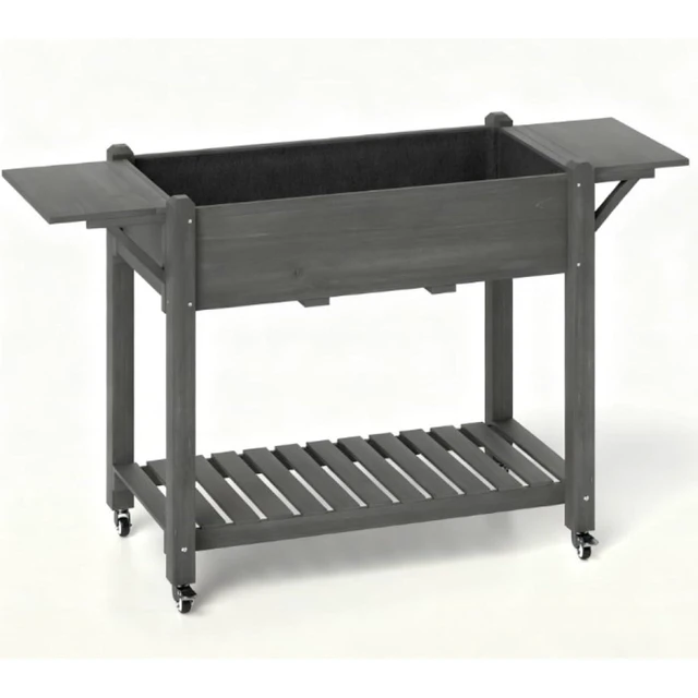 Alt view image 2 of 7 - Hassyee Elevated Garden Bed with Lockable Wheels and Side Tables for Backyard, Park, Lawn, Outdoor Wooden Planter Box with Bottom Storage Shelf and Drainage Holes for Growing Plants