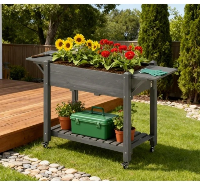 Main image of Hassyee Elevated Garden Bed with Lockable Wheels and Side Tables for Backyard, Park, Lawn, Outdoor Wooden Planter Box with Bottom Storage Shelf and Drainage Holes for Growing Plants