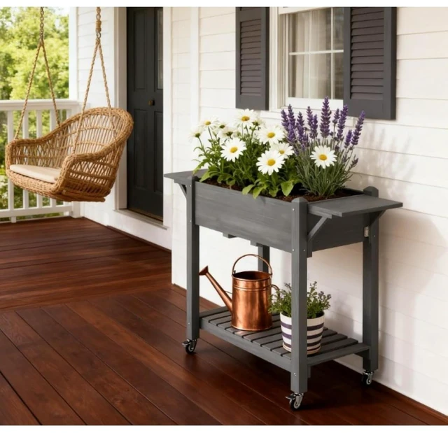 Alt view image 4 of 7 - Hassyee Elevated Garden Bed with Lockable Wheels and Side Tables for Backyard, Park, Lawn, Outdoor Wooden Planter Box with Bottom Storage Shelf and Drainage Holes for Growing Plants