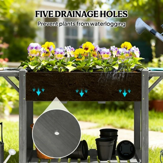 Alt view image 6 of 7 - Hassyee Elevated Garden Bed with Lockable Wheels and Side Tables for Backyard, Park, Lawn, Outdoor Wooden Planter Box with Bottom Storage Shelf and Drainage Holes for Growing Plants