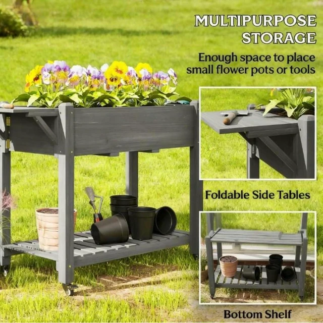 Alt view image 5 of 7 - Hassyee Elevated Garden Bed with Lockable Wheels and Side Tables for Backyard, Park, Lawn, Outdoor Wooden Planter Box with Bottom Storage Shelf and Drainage Holes for Growing Plants