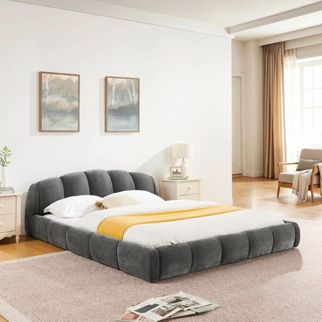 Main image of King/Queen Size Upholstered Platform Bed Frame with Thick Curved Headboard & Wrapped Footboard, Panel Bedframe Mattress Base with Slats Support for Bedroom Guest Room Apartment (Dark Grey + Queen)