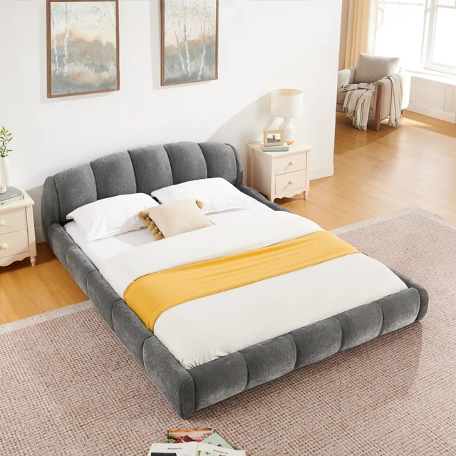 Alt view image 2 of 7 - King/Queen Size Upholstered Platform Bed Frame with Thick Curved Headboard & Wrapped Footboard, Panel Bedframe Mattress Base with Slats Support for Bedroom Guest Room Apartment (Dark Grey + Queen)