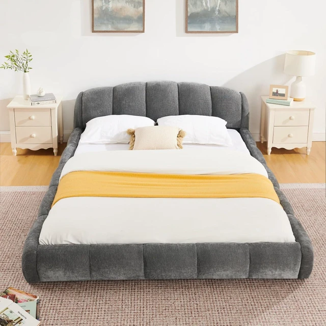 Alt view image 3 of 7 - King/Queen Size Upholstered Platform Bed Frame with Thick Curved Headboard & Wrapped Footboard, Panel Bedframe Mattress Base with Slats Support for Bedroom Guest Room Apartment (Dark Grey + Queen)