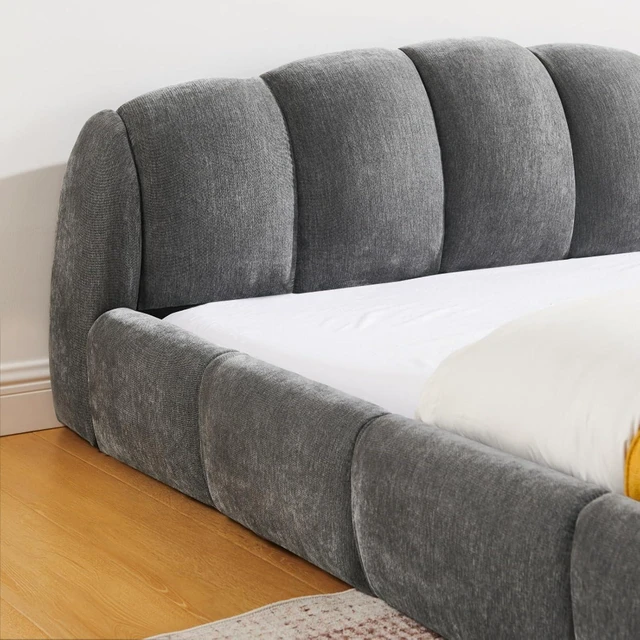 Alt view image 4 of 7 - King/Queen Size Upholstered Platform Bed Frame with Thick Curved Headboard & Wrapped Footboard, Panel Bedframe Mattress Base with Slats Support for Bedroom Guest Room Apartment (Dark Grey + Queen)