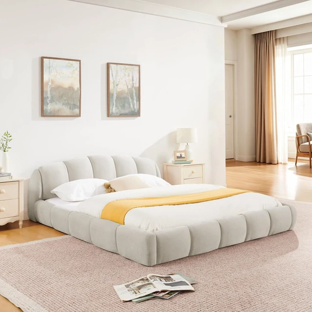 Main image of King/Queen Size Upholstered Platform Bed Frame with Thick Curved Headboard & Wrapped Footboard, Panel Bedframe Mattress Base with Slats Support for Bedroom Guest Room Apartment (Beige + Queen)