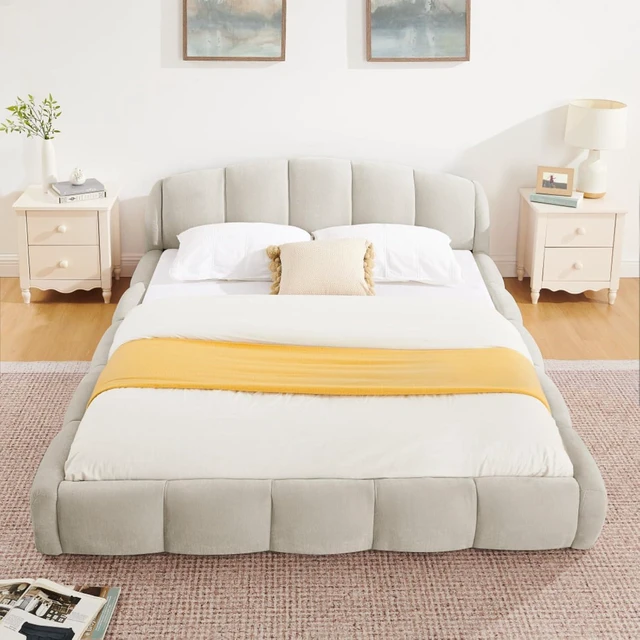Alt view image 3 of 7 - King/Queen Size Upholstered Platform Bed Frame with Thick Curved Headboard & Wrapped Footboard, Panel Bedframe Mattress Base with Slats Support for Bedroom Guest Room Apartment (Beige + Queen)