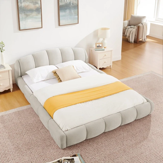 Alt view image 2 of 7 - King/Queen Size Upholstered Platform Bed Frame with Thick Curved Headboard & Wrapped Footboard, Panel Bedframe Mattress Base with Slats Support for Bedroom Guest Room Apartment (Beige + Queen)