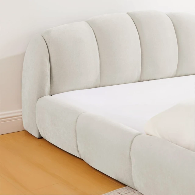 Alt view image 4 of 7 - King/Queen Size Upholstered Platform Bed Frame with Thick Curved Headboard & Wrapped Footboard, Panel Bedframe Mattress Base with Slats Support for Bedroom Guest Room Apartment (Beige + Queen)