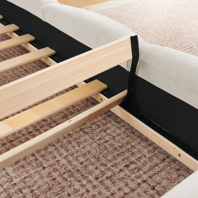 Alt view image 6 of 7 - King/Queen Size Upholstered Platform Bed Frame with Thick Curved Headboard & Wrapped Footboard, Panel Bedframe Mattress Base with Slats Support for Bedroom Guest Room Apartment (Beige + Queen)