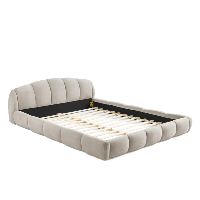 Alt view image 7 of 7 - King/Queen Size Upholstered Platform Bed Frame with Thick Curved Headboard & Wrapped Footboard, Panel Bedframe Mattress Base with Slats Support for Bedroom Guest Room Apartment (Beige + Queen)